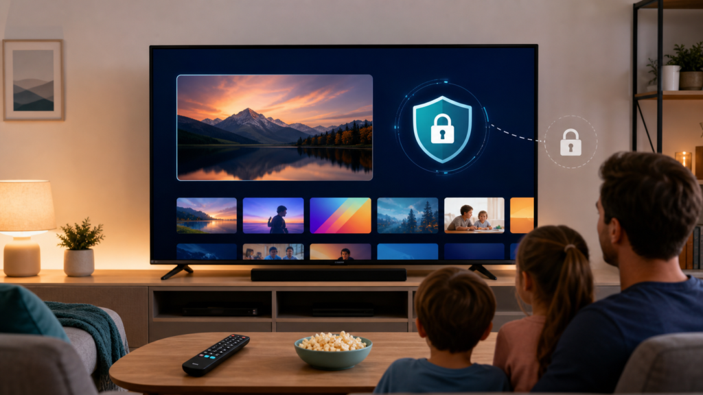 How to Set Up IPTV Parental Controls for a Family TV Family watching a TV with a generic parental control shield