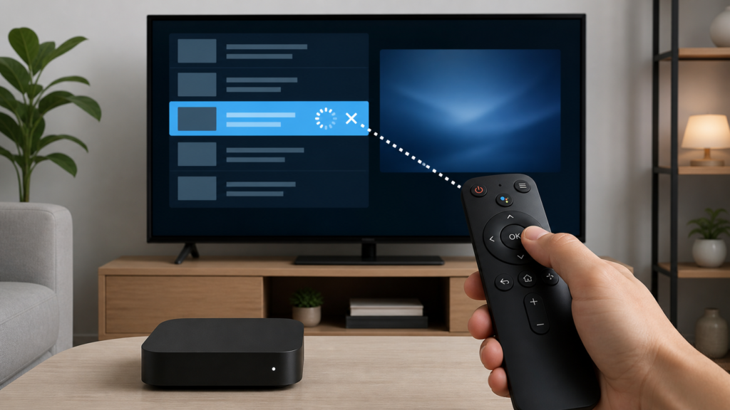 Android TV Box IPTV OK Button Not Selecting a Channel: Safe Checks Android TV box remote beside a highlighted IPTV channel that will not select