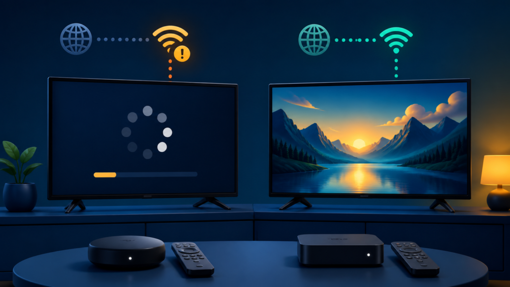 IPTV Buffers on One Device Only: Network and Player Checks Generic smart TV buffering comparison troubleshooting illustration