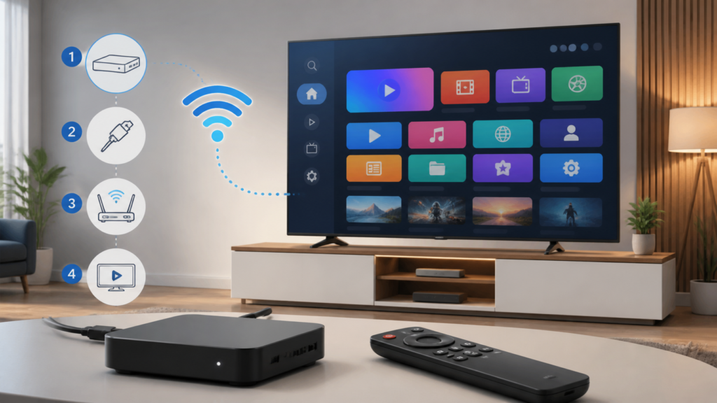 How to Set Up IPTV on an Android TV Box Android TV box connected to Smart TV for IPTV setup
