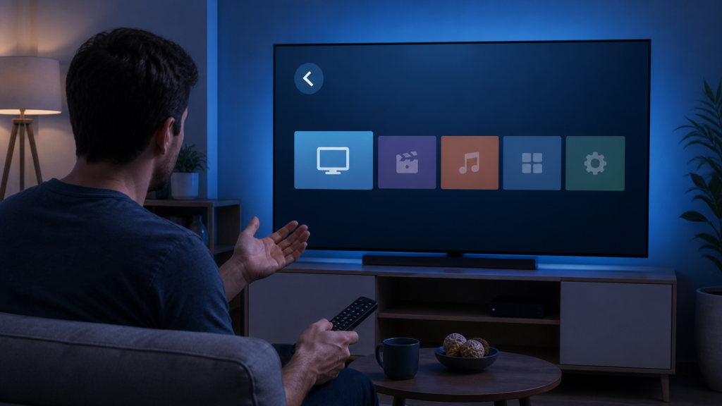 Generic smart TV IPTV app returning to home screen troubleshooting illustration