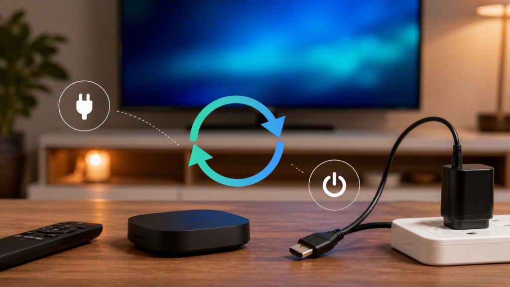 Generic streaming device with power adapter and restart checklist