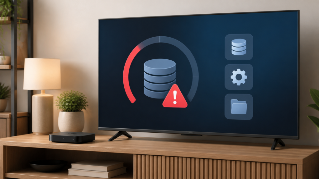 Generic streaming device and TV with low storage warning illustration