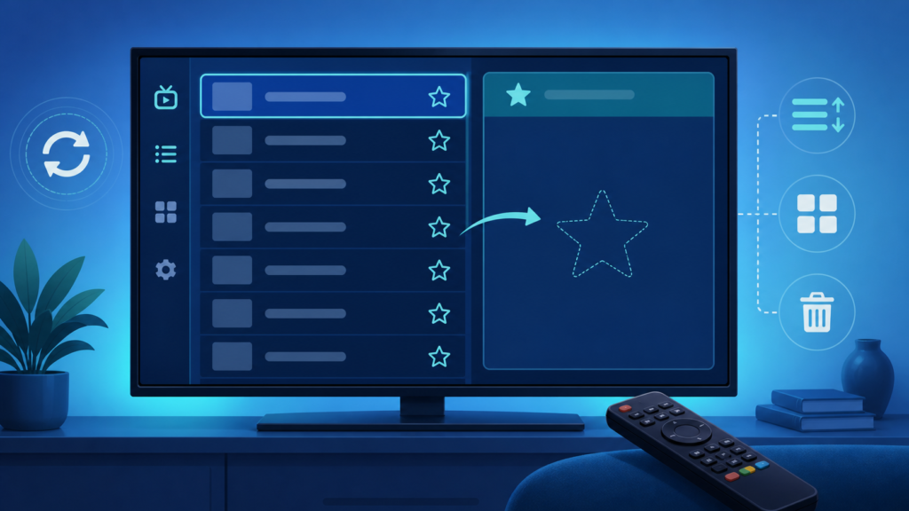 Smart TV IPTV favorites and saved channel list illustration