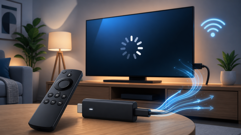 Firestick-style streaming device buffering IPTV on a Smart TV