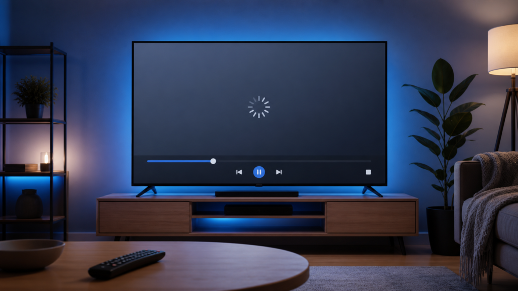 Generic smart TV showing IPTV picture recovery after pause illustration
