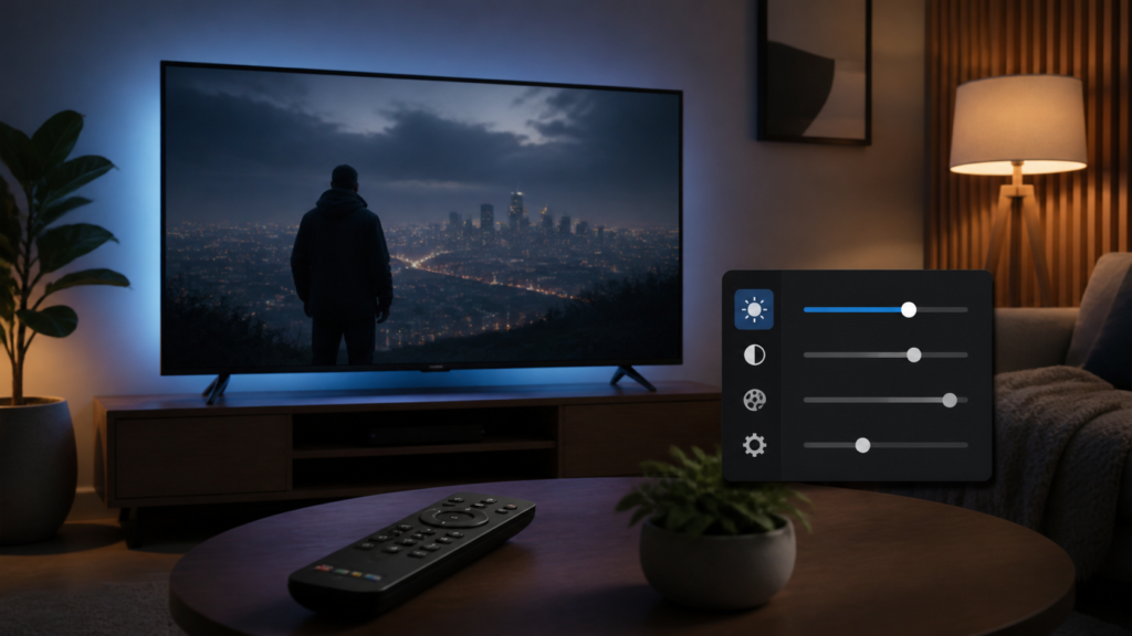 Smart TV with dark IPTV picture and brightness controls