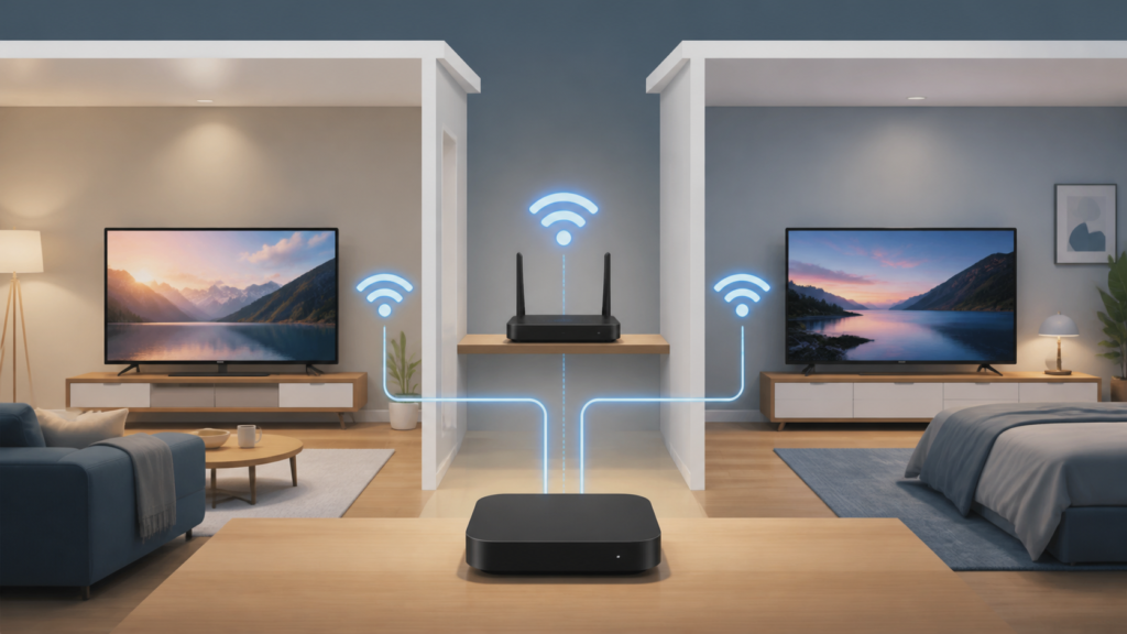 Two televisions connected for a second IPTV setup