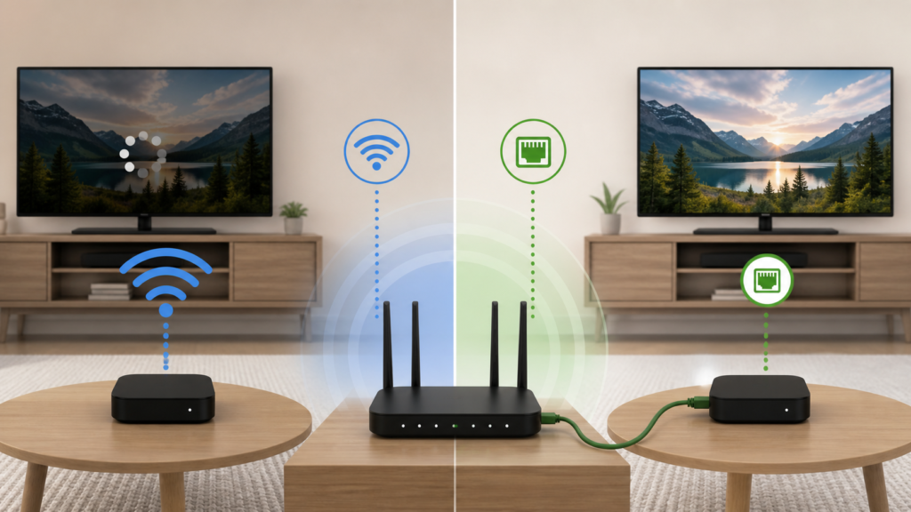 Wi-Fi vs Ethernet for IPTV: Which Connection Should You Use? Generic IPTV streaming device compared on Wi-Fi and Ethernet