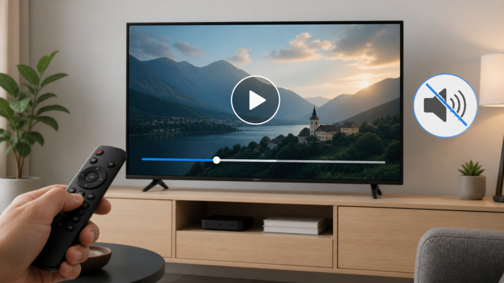 IPTV Sound Muted After Pause and Resume on Smart TV: Safe Checks Smart TV IPTV player resuming from pause with an abstract muted audio indicator