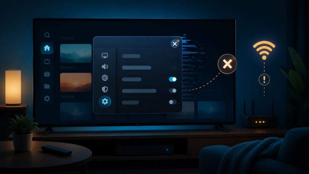 Generic smart TV IPTV app settings crash troubleshooting illustration
