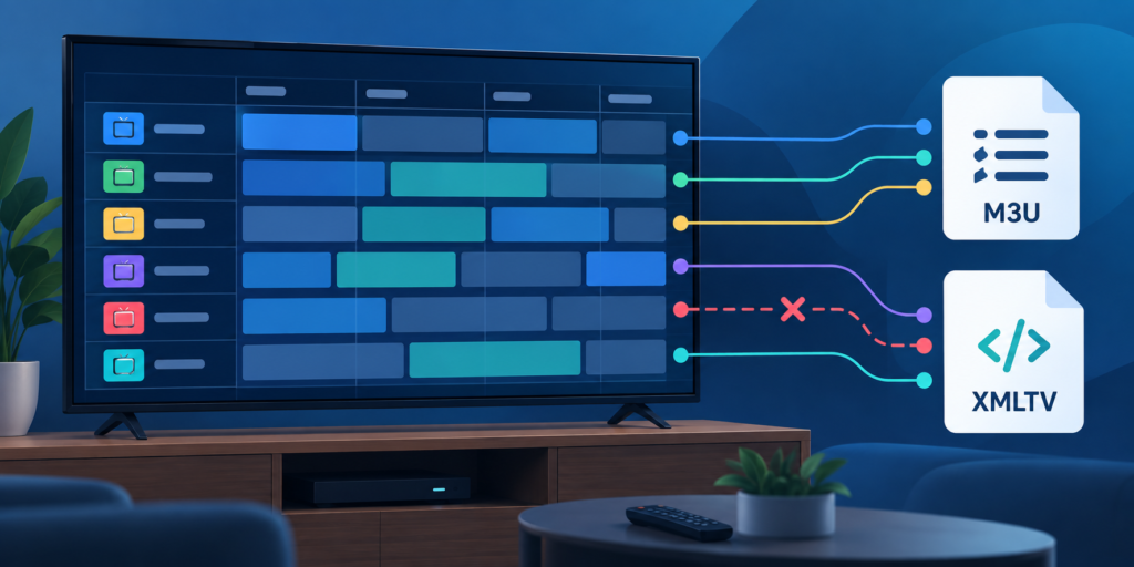Illustration of an Android TV guide with one mismatched M3U and XMLTV channel identifier