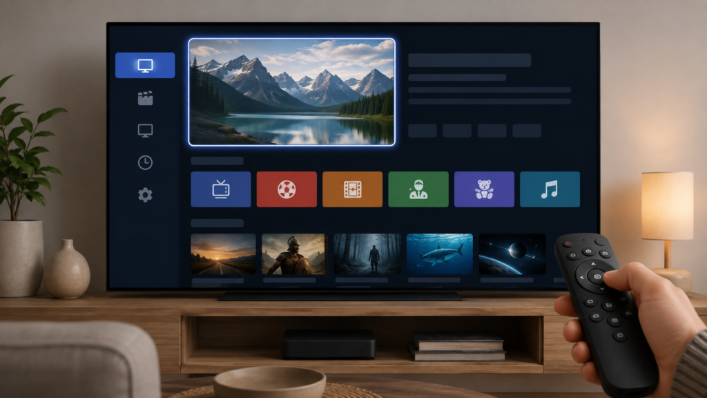 IPTV Player Mouse Pointer Not Showing on Android TV Box: Safe Checks Android TV IPTV player with a generic invisible pointer and visible focus