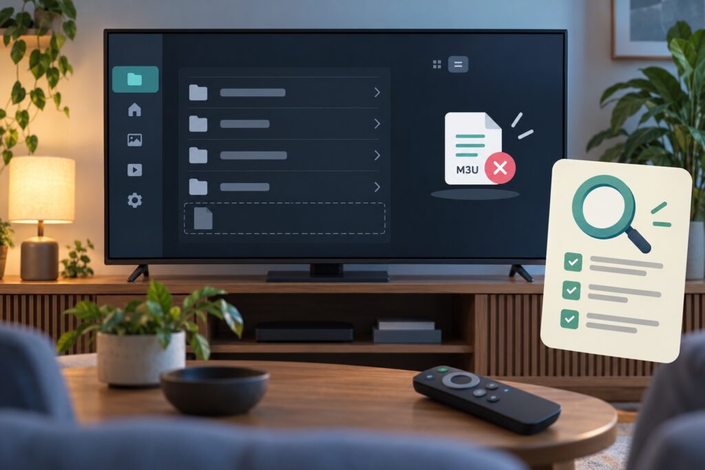 Android TV file picker showing folders beside a missing M3U document icon and a safe troubleshooting checklist
