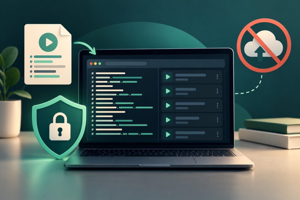 Laptop displaying an abstract M3U playlist beside a shield and lock, with cloud upload crossed out to represent local browser inspection