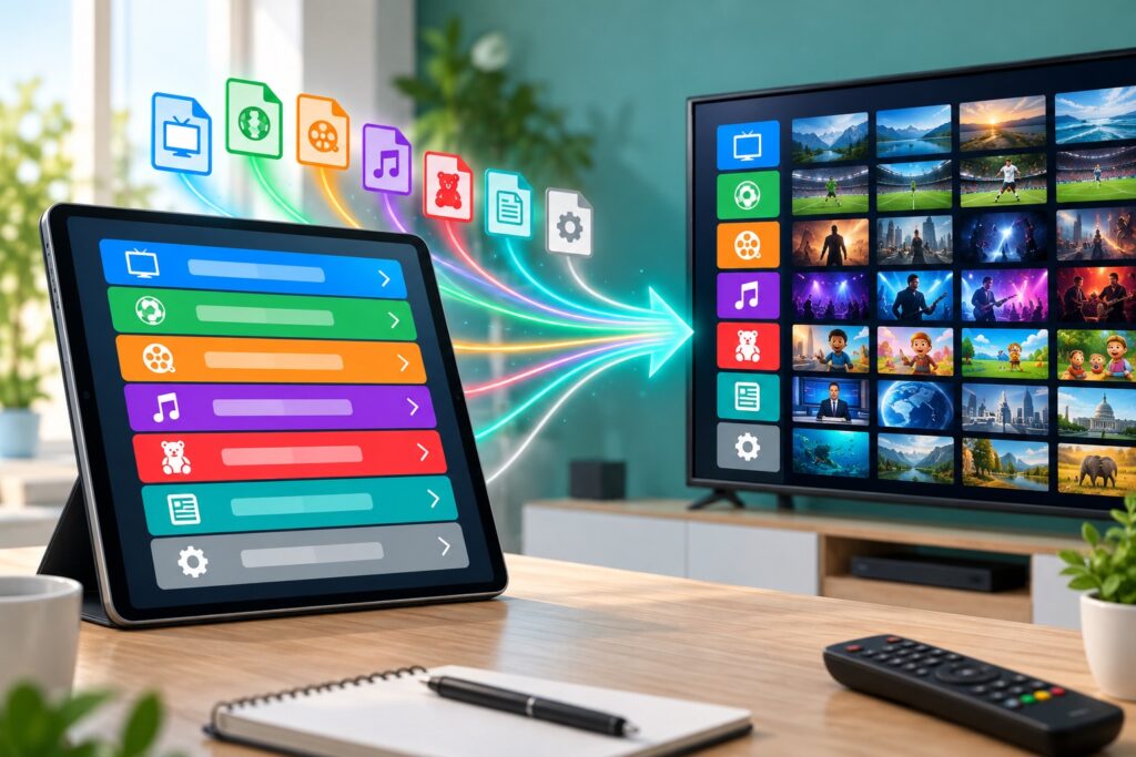 Android TV IPTV External Player Keeps Asking: Safe Fixes Generic television showing three abstract player tiles with one selected and a remote control nearby