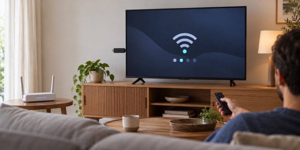 Firestick WiFi Speed Test: Check the Connection at Your TV A viewer checking a Wi-Fi connection on a generic streaming device beside a television and home router