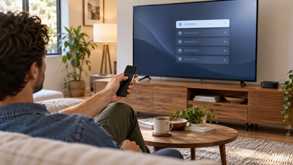 IPTV on Apple TV: Setup & Compatibility Checks Viewer using an unbranded remote to navigate a streaming app on a television beside a small media box
