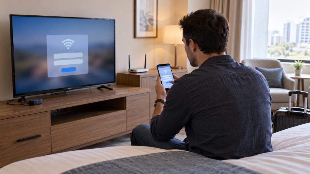 IPTV Not Working on Hotel Wi-Fi? Captive Portal Checks Traveler checking a streaming device and hotel guest Wi-Fi sign-in screen