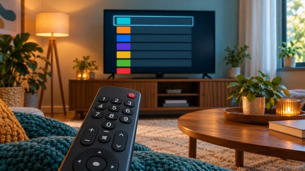 Android TV IPTV Number Buttons Not Working: Safe Checks Generic Android TV remote with number keypad facing a television showing a simple channel list