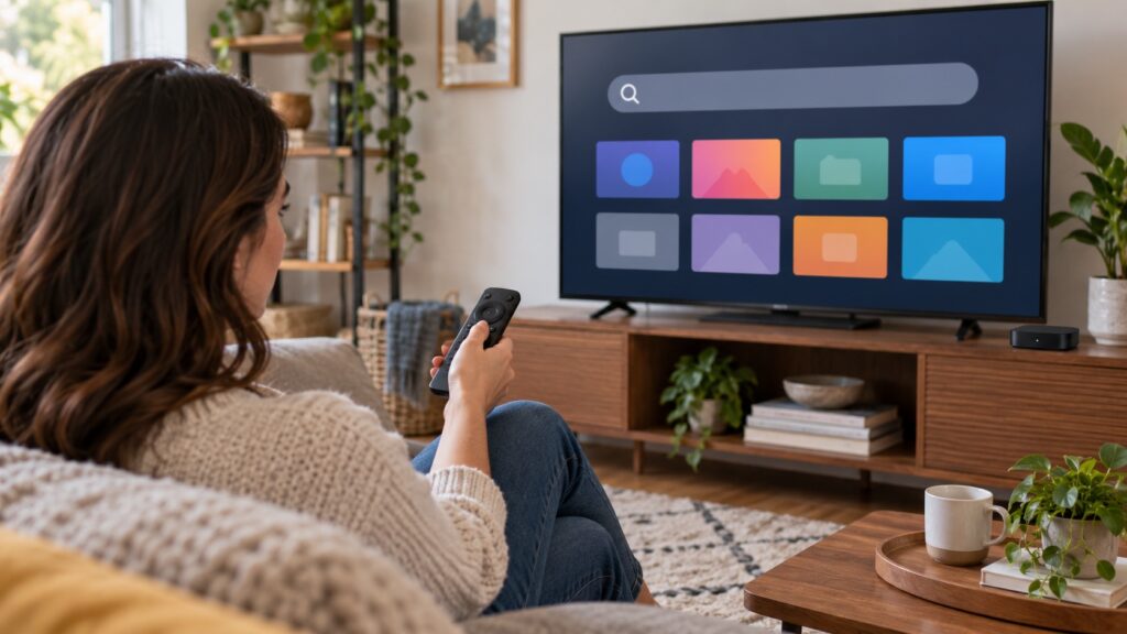 IPTV on Roku: What to Check When an App Is Missing Viewer searching a generic streaming app store on a television with an unbranded remote and media player nearby