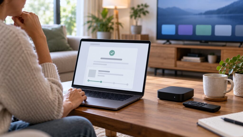 IPTV Paid but Not Activated? Safe Order Checks Customer reviews an online order confirmation beside a streaming device while preparing to contact support