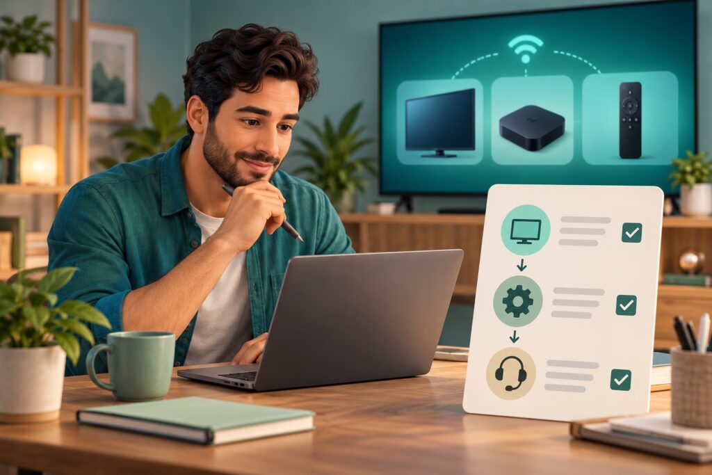Reseller preparing an IPTV customer onboarding workflow using device and support checklists, with no customer data displayed