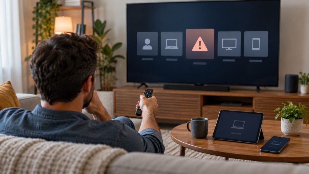 IPTV “Too Many Connections” Error: Safe Checks Viewer checking an IPTV connection warning while other household streaming devices are nearby