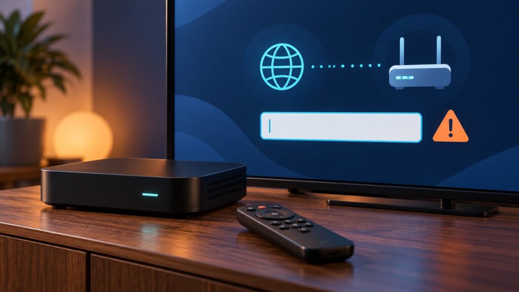 MAG Box Portal URL Not Saving or Loading? Safe Checks Generic set-top box beside a television displaying a blank network address field and warning symbol