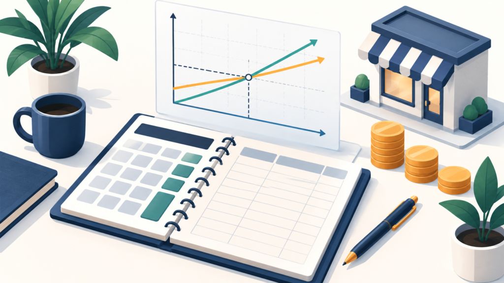 Illustration of a blank business worksheet, break-even chart, calculator, and generic storefront