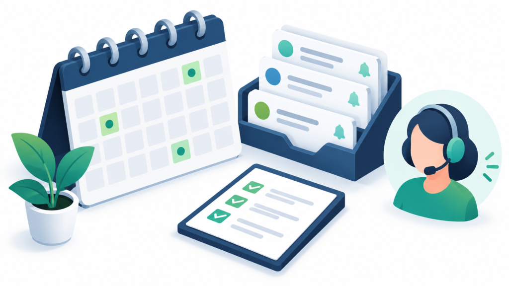 Illustration of a renewal calendar, reminder cards, checklist, and customer-support workflow