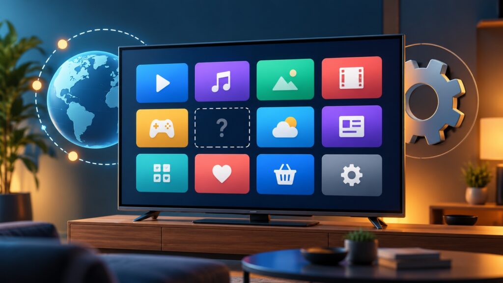 Samsung TV IPTV App Not in App Store? Safe Checks Generic smart television showing an abstract app grid with one missing app tile and region and settings symbols