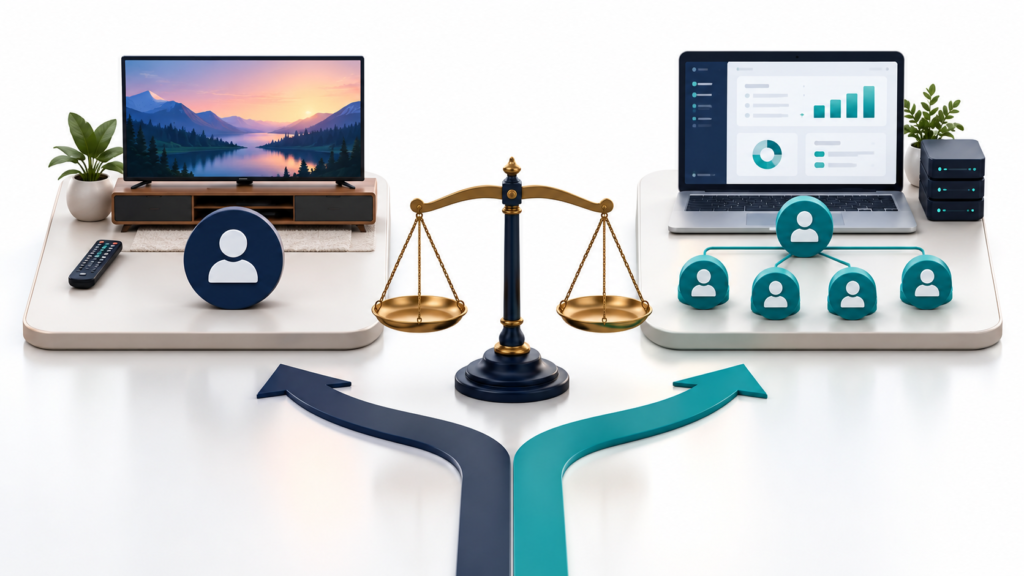 IPTV Subscription vs Reseller Plan: Which Fits You? Editorial illustration comparing a household television subscription with a reseller dashboard and customer network