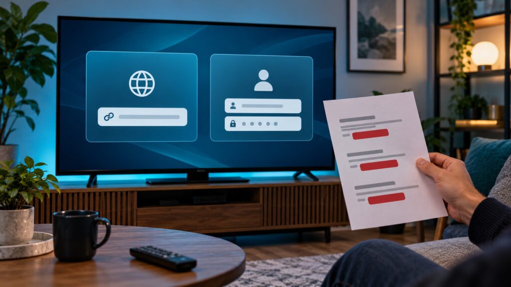 Xtream Login vs M3U URL: Choose the Right IPTV Setup Details Generic television showing separate playlist URL and account login options beside a redacted setup note